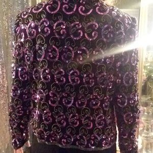 Gorgeous Sparkle Vintage Fuschia Pink & Black Silk Sequin Jacket XS S